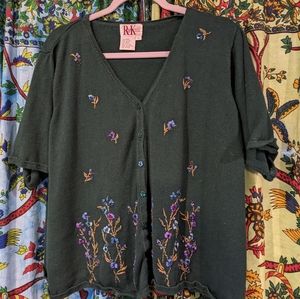Dark green Cottagecore Floral embroidered top with Flower button detail
